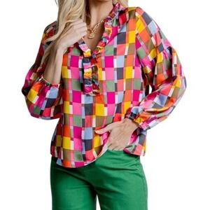 Michelle McDowell Ruffle Neck Blouse Women S Multicolor NEW Patchwork Geometric